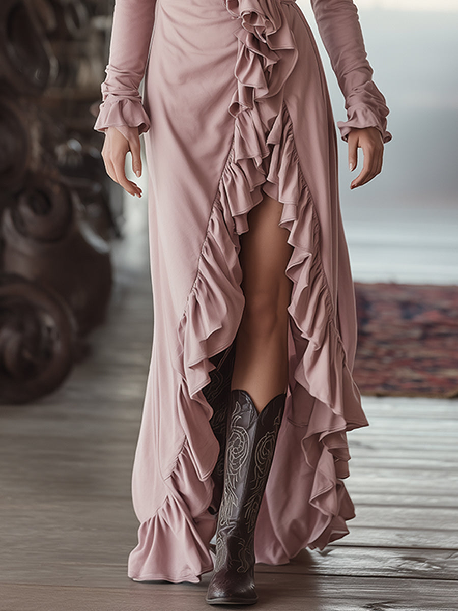 Stylish And Elegant Sporty Pink V-neck Ruffled Sweatshirt Maxi Dress