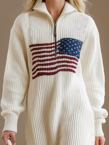 White Knitted With Zipper Design And American Flag Pattern On The Chest  Midi Dress