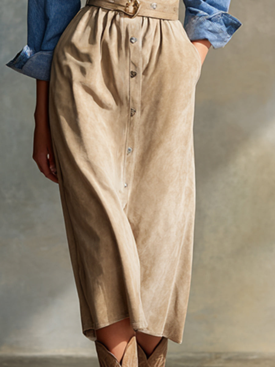 Trendy Retro Beige Faux Suede Patchwork Blue Denim Midi Dress