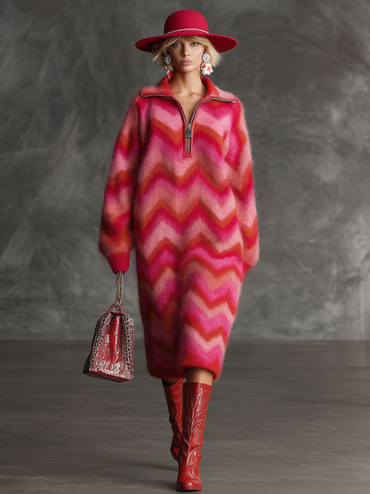 Vintage Red And Pink Zigzag Knit Collared Half-zip Midi Dress