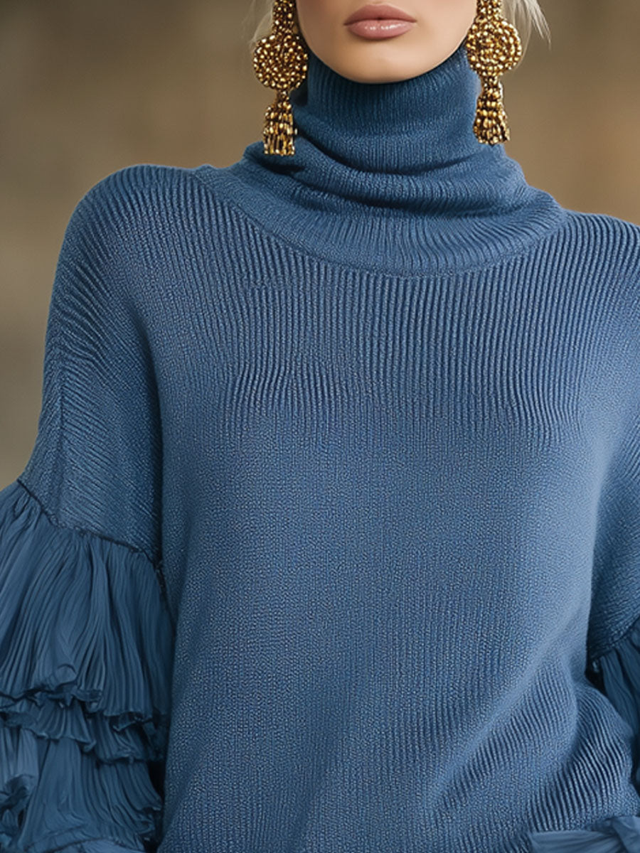 Turtleneck Ruffle Sleeve Knit Pullover Sweater