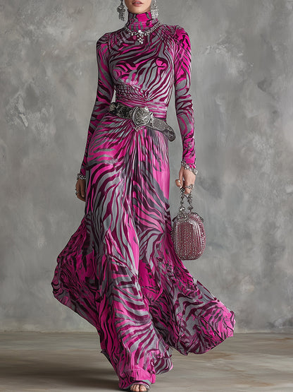 Trendy And Eye-catching Hot Pink Zebra Print Velvet Maxi Dress