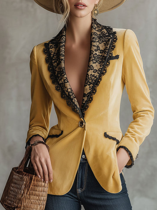 Stylish Retro Black Lace Yellow Velvet Blazer