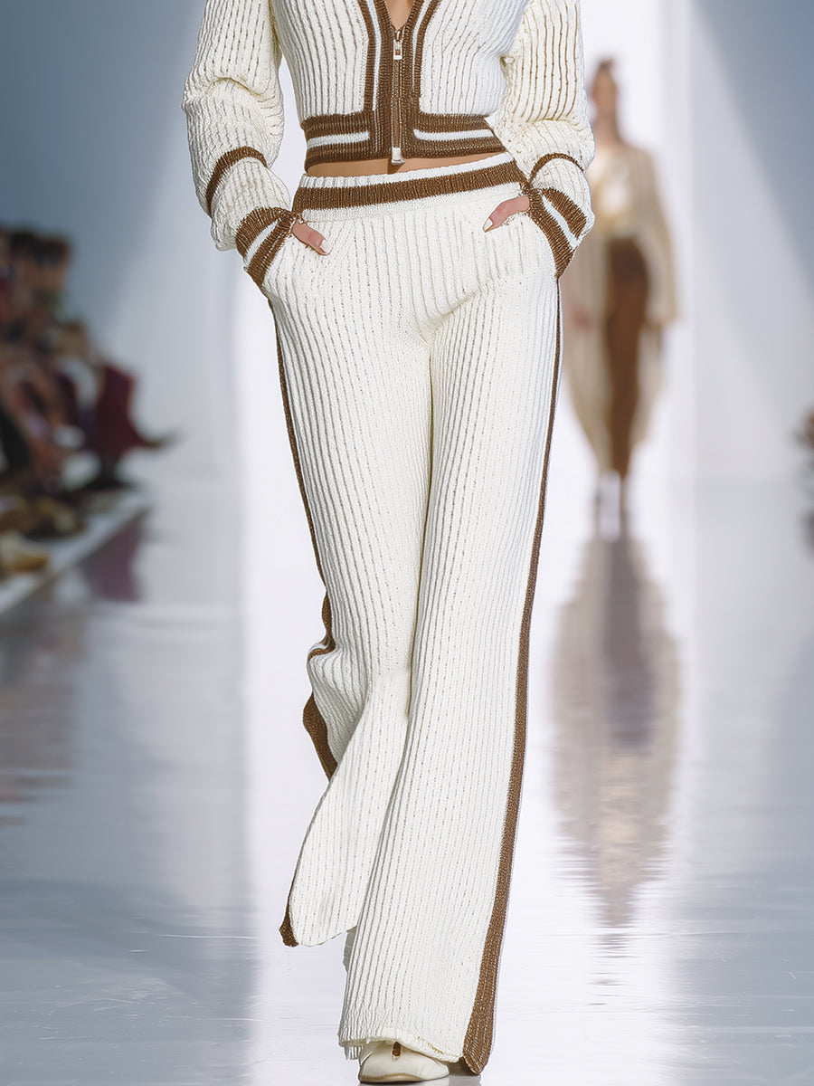 Simple And Stylish Brown Trim White Knit Set