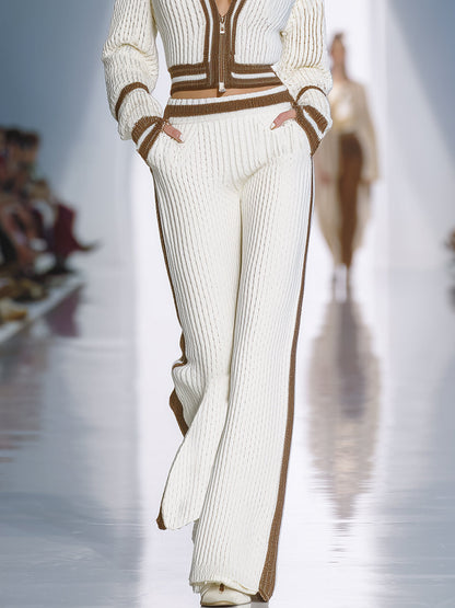 Simple And Stylish Brown Trim White Knit Set