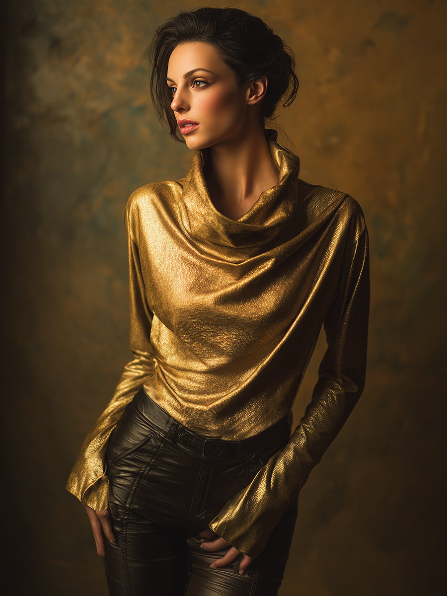 Stylish And Casual Gold Turtleneck Metallic Blouse