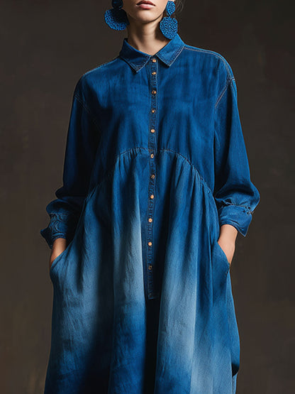 Casual Retro Gradient Dark Blue Denim Long-sleeved Cardigan, Irregular Maxi Dress