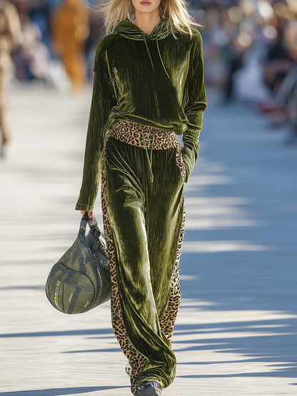 Sporty Casual Leopard Print Trim Green Corduroy Set