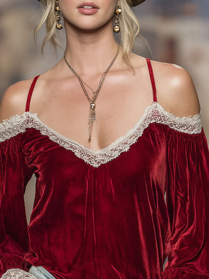 V-neck Off-shoulder Velvet And Lace Trim Long-sleeved T-shirt