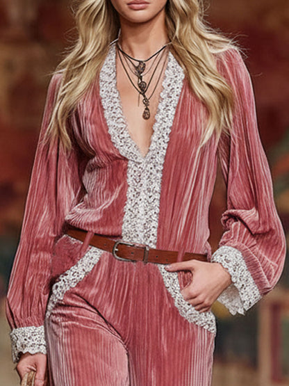 Striped Velvet Patchwork Lace-trimmed Top And Wide-leg Pants Set