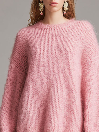 Trendy Retro Round Neck Long-sleeved Pink Long-haired Knit Lace Mini Dress