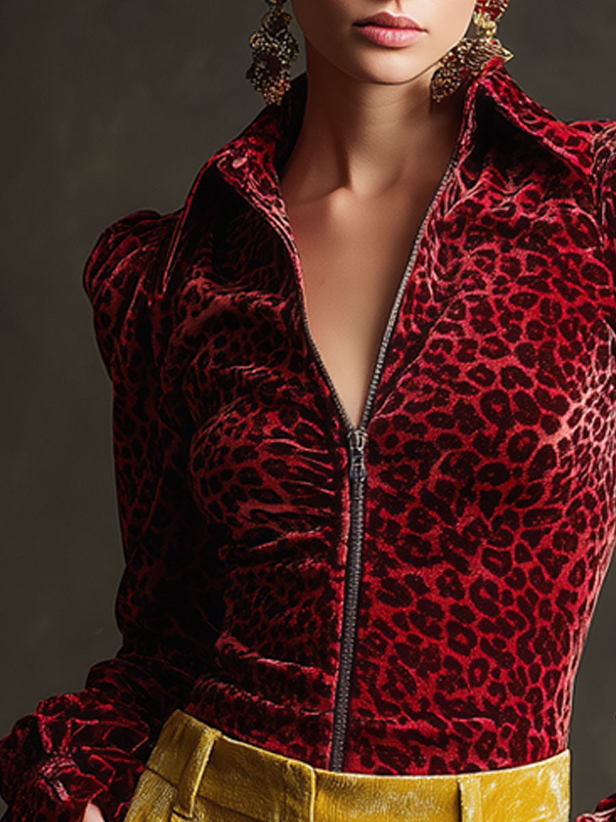 Casual Retro Red Leopard Print Velvet Zip-up Ruffled Long-sleeved Shirt