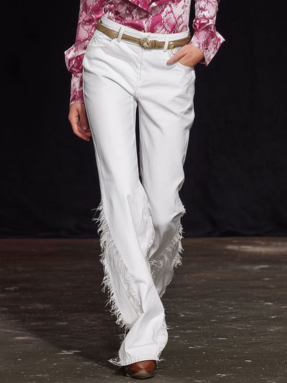 Stylish Retro Frayed White Flared Jeans
