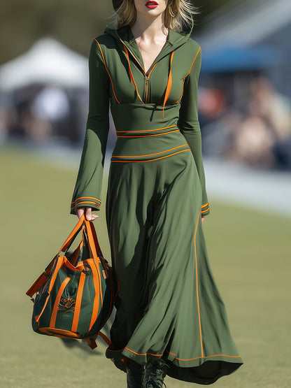 Stylish And Casual Orange-trimmed Green Hooded Sporty Maxi Dress