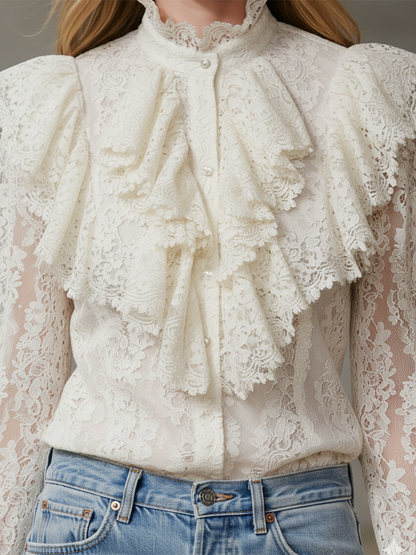 Stylish White Lace Ruffled Button Blouse