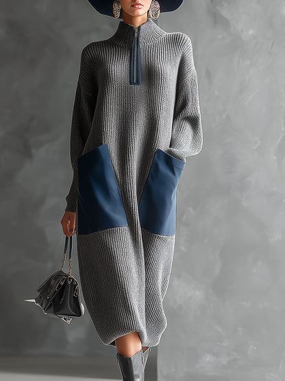 Casual Retro Blue Faux Leather Large Pocket Gray Knit Midi Dress