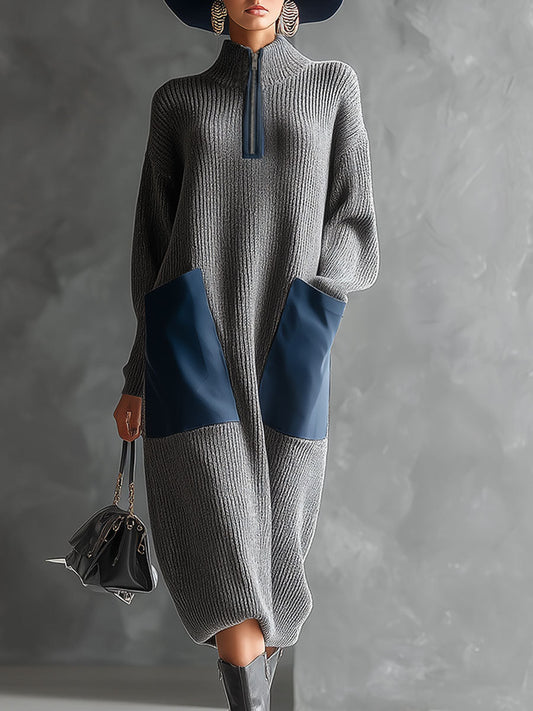 Casual Retro Blue Faux Leather Large Pocket Gray Knit Midi Dress