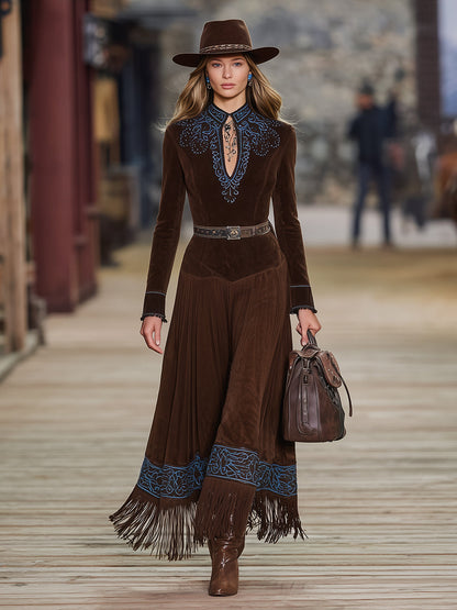 Western-style Faux Suede Patchwork Embroidered Patchwork Tassel Maxi Dress