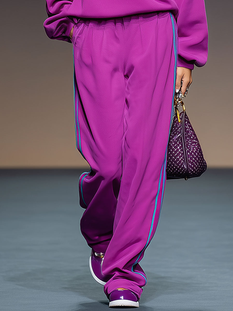 Sporty Retro Ribbon Trim Purple Hoodie Straight Leg Pants Set