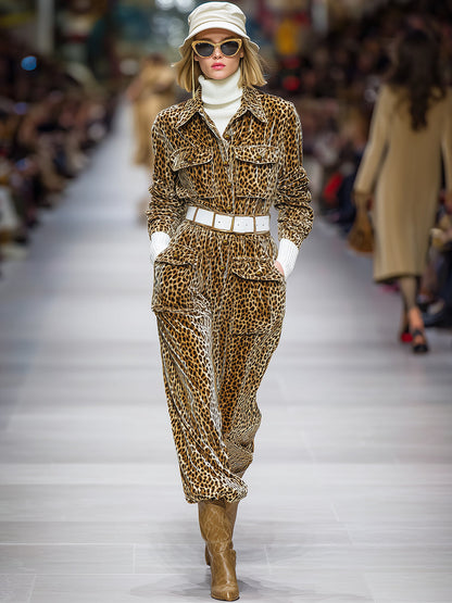 Western Casual Button Leopard Print Velvet Midi Dress