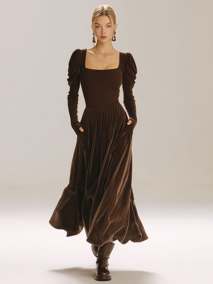 Stylish Retro Brown Knit Velvet Long-Sleeved Pleated Midi Dress