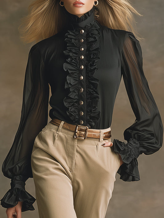 Stylish And Elegant Ruffle Trim Black Chiffon Shirt