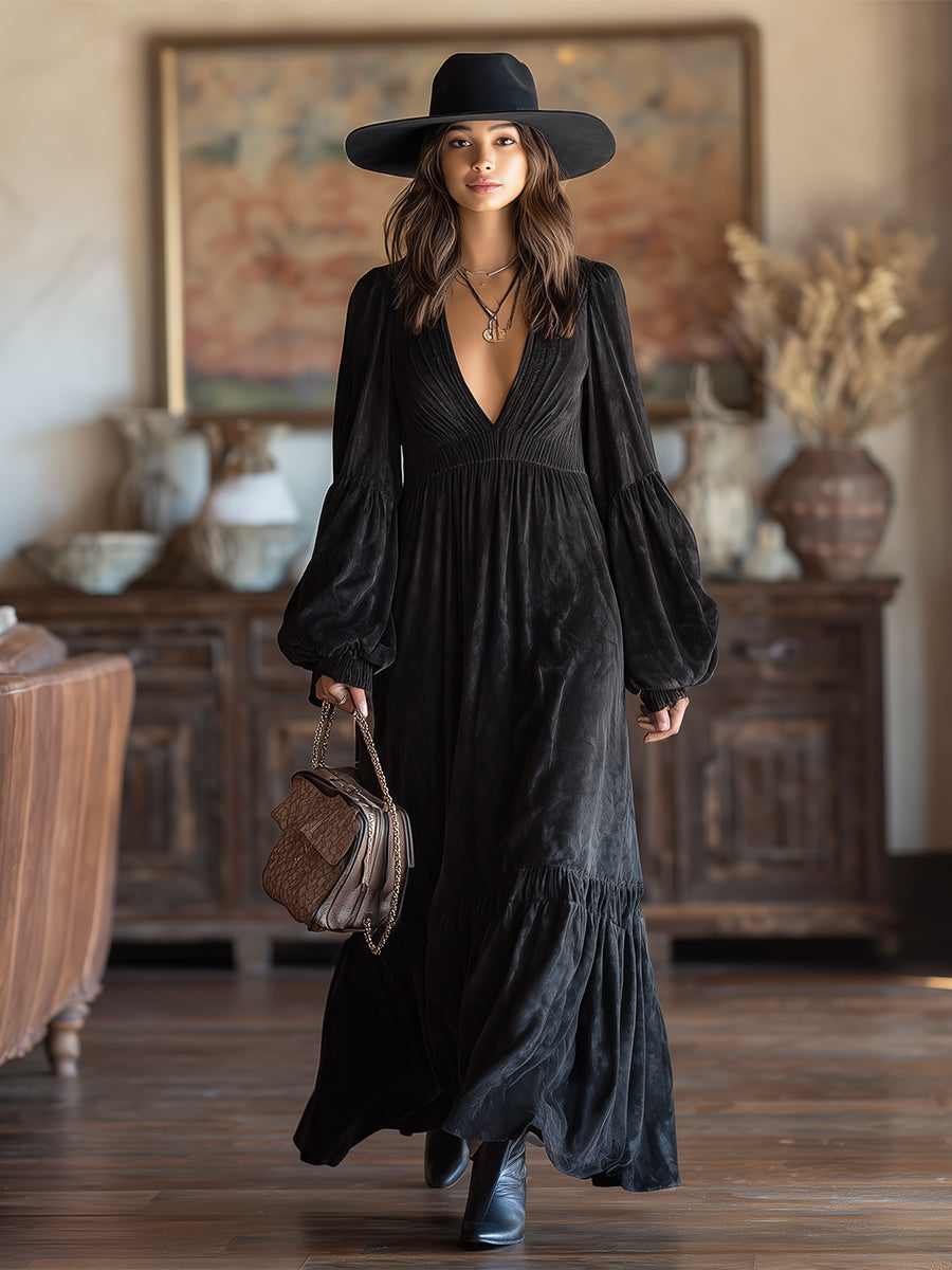 Western Black Faux Suede Textured V-Neck Elastic Maxi Dress