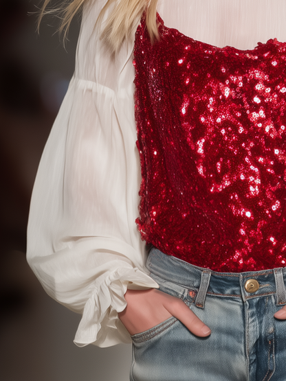 Stylish And Elegant Chiffon Blouse And Sequined Camisole Two-piece Set