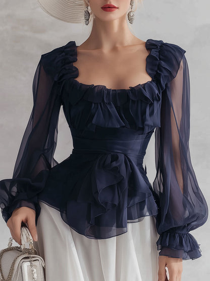 Stylish And Elegant Blue Ruffled Chiffon Shirt