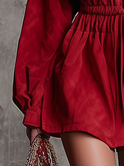 Western Retro Red Hooded Half-Zip Faux Suede Mini Dress