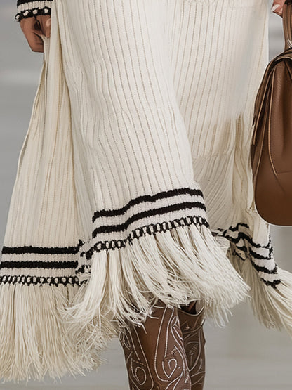Western-style White Patchwork Black Striped Tassel Maxi Dress