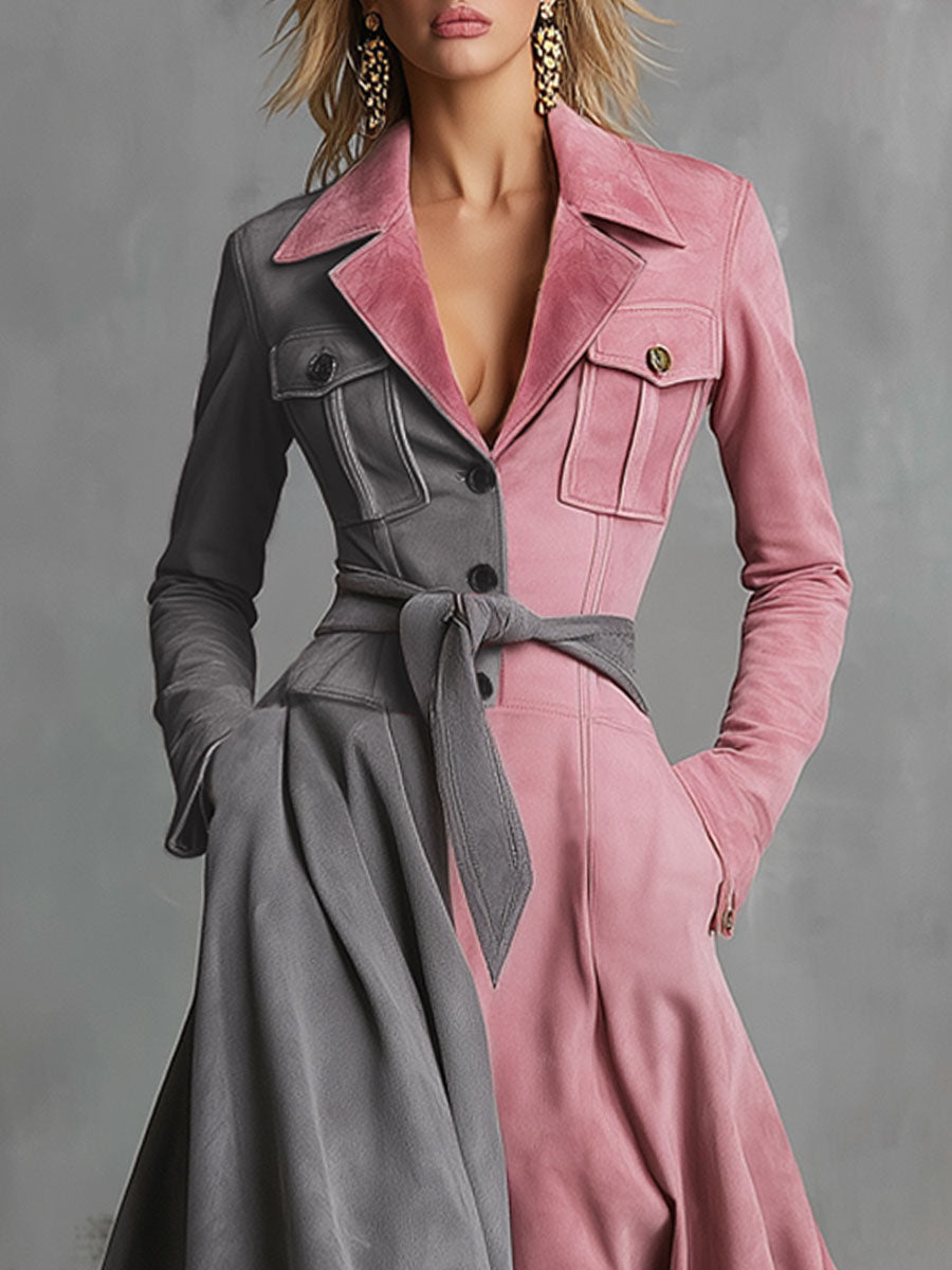 Western-style Multi-pocket Single-breasted Color-blocked Faux Suede Maxi Dress