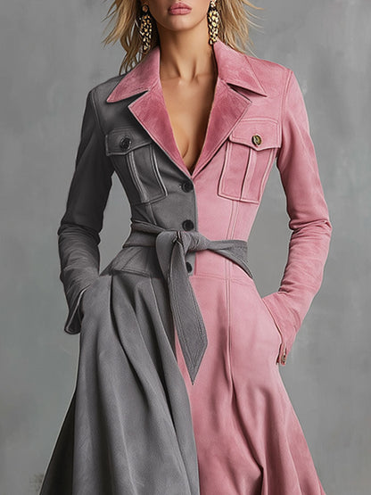 Western-style Multi-pocket Single-breasted Color-blocked Faux Suede Maxi Dress