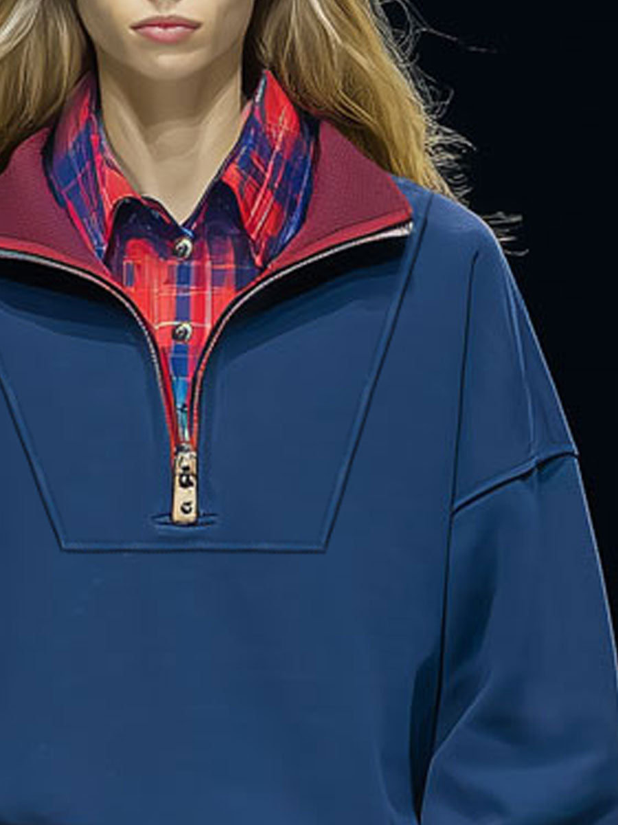 Casual Retro-style Two-piece Red Plaid Shirt With Half-zip And Dark Blue Sweatshirt