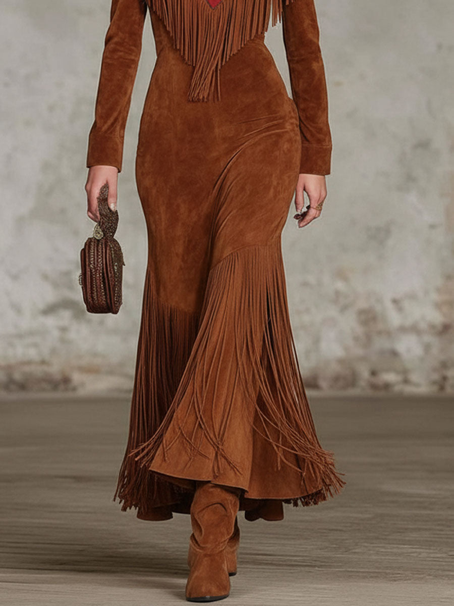 Western-style Color-blocked Fringed Suede Maxi Dress