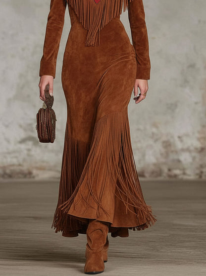 Western-style Color-blocked Fringed Suede Maxi Dress