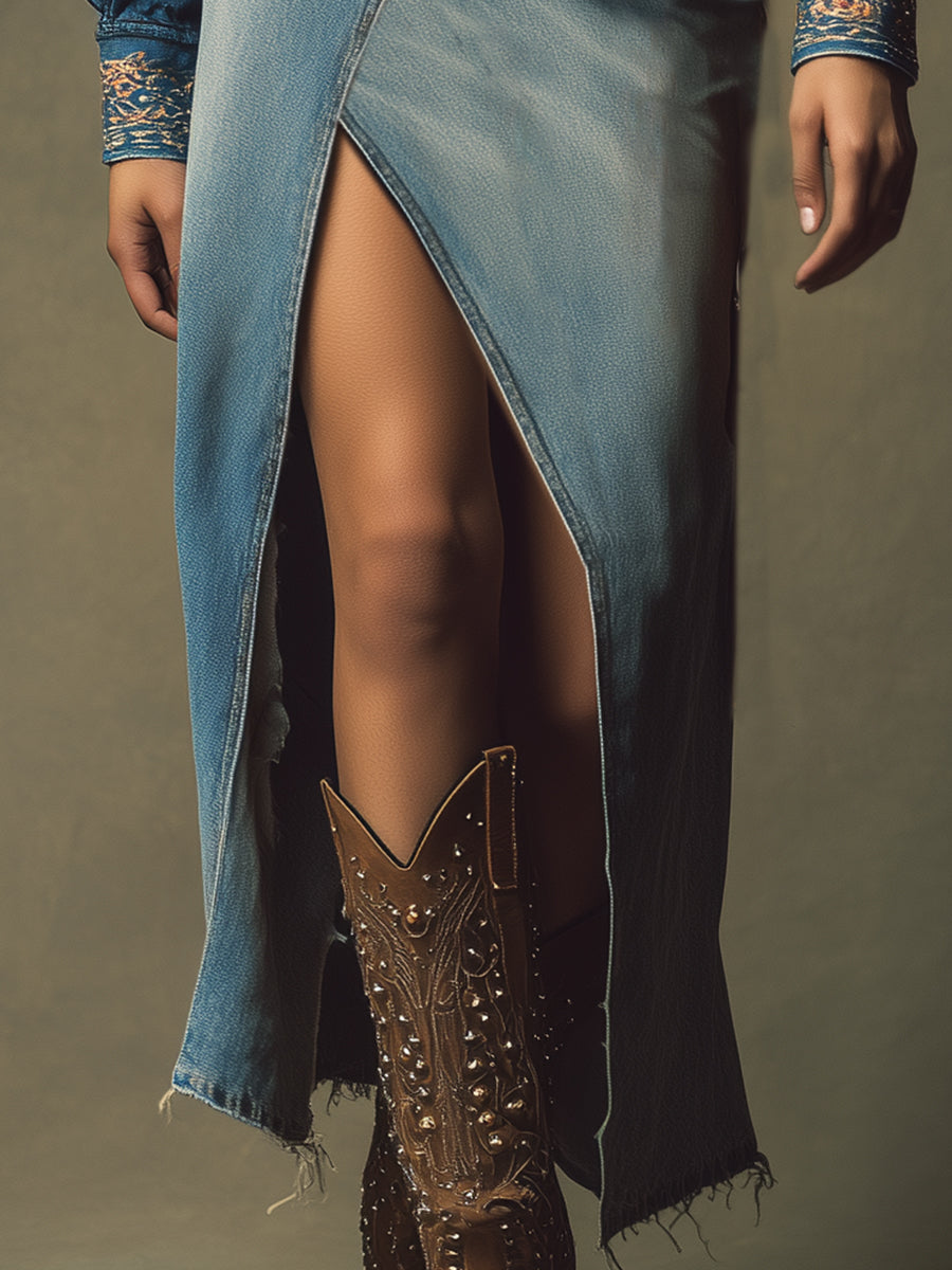Casual Retro Blue Denim Rhinestone Slit Skirt