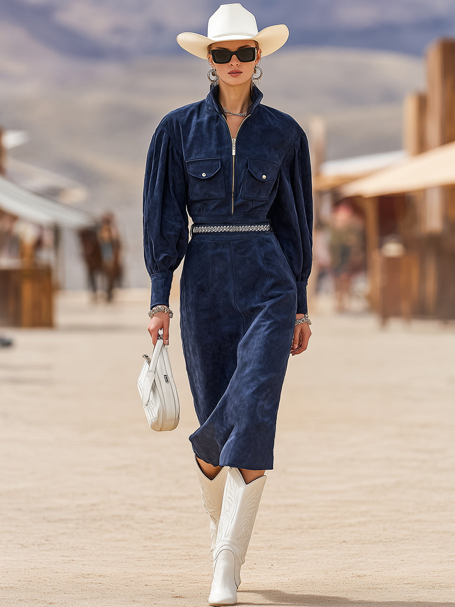 Western Retro Stand-up Collar Zip-up Dark Blue Faux Suede Midi Dress