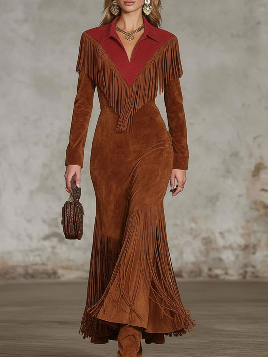 Western-style Color-blocked Fringed Suede Maxi Dress