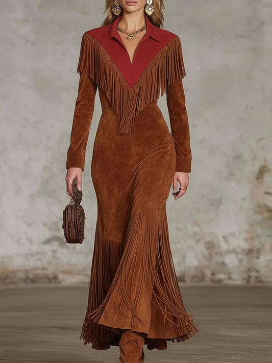 Western-style Color-blocked Fringed Suede Maxi Dress
