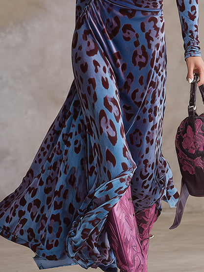 Stylish Urban Blue-Purple Leopard Print Stretch Velvet Maxi Dress