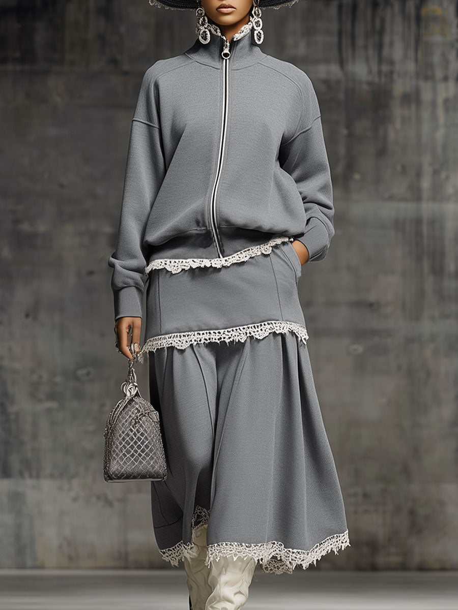 Casual Loose-fitting White Lace-trimmed Gray Sweatshirt And Skirt Set