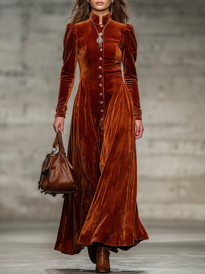 Western Orange Velvet Stand Collar Button Maxi Dress