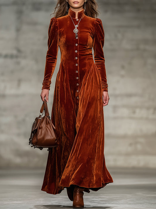 Western Orange Velvet Stand Collar Button Maxi Dress