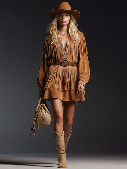 Western Retro Camel Faux Suede Tassel Long-Sleeved Mini Dress