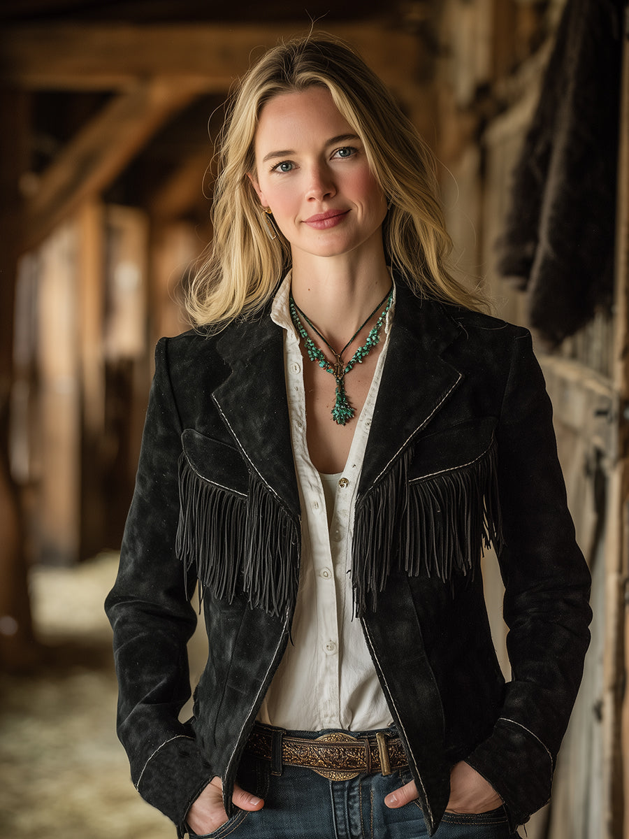 Western Black Faux Suede Hand-stitched Tassel Jacket