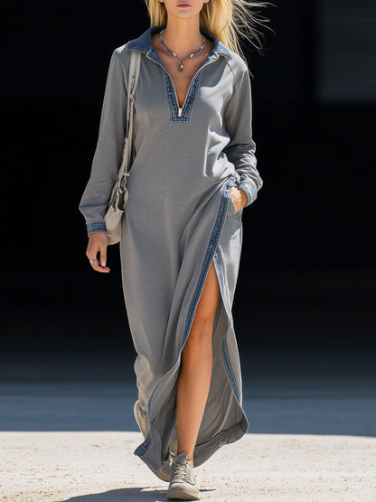 Casual Retro Blue Denim-trimmed Long-sleeved Grey Slit Sporty Maxi Dress