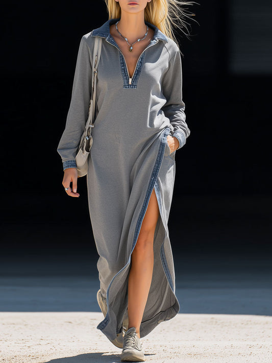 Casual Retro Blue Denim-trimmed Long-sleeved Grey Slit Sporty Maxi Dress