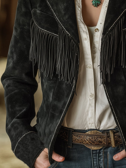 Western Black Faux Suede Hand-stitched Tassel Jacket