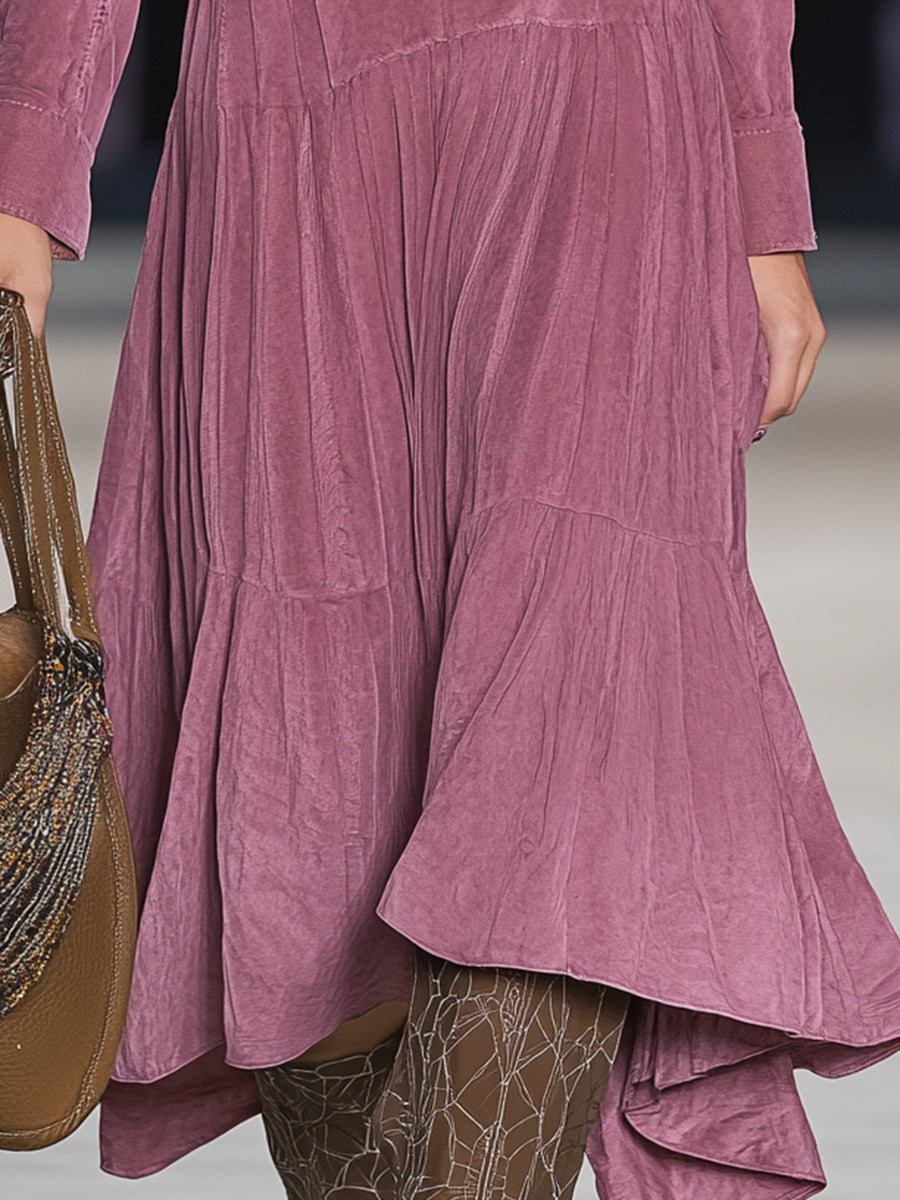 Western Pink Faux Suede V-Neck Studded Midi Dress